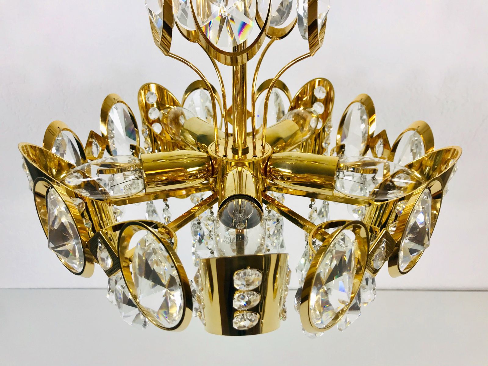 photo for sale Golden Gilded Brass And Crystal Glass Chandelier By Palwa, Germany, 1960s