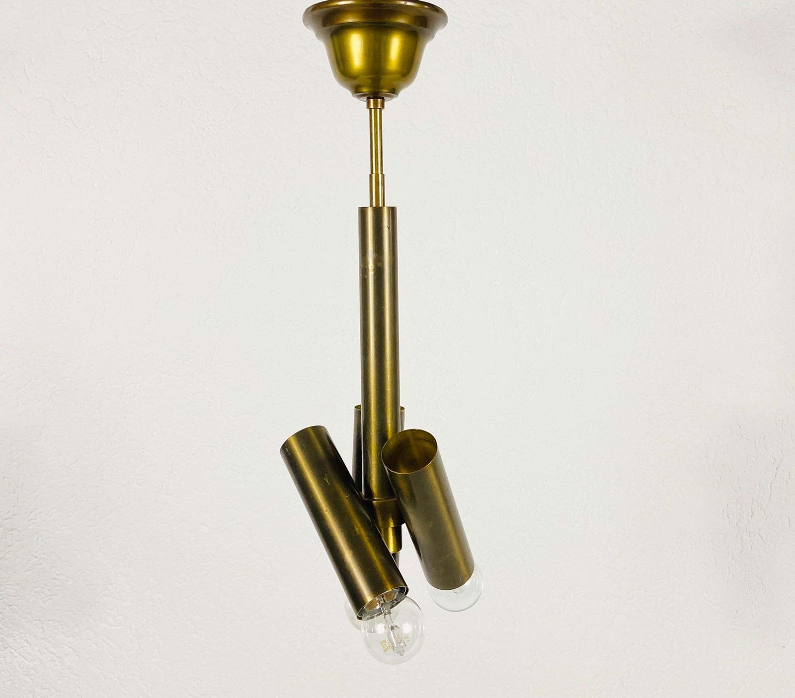 Italian Midcentury Brass 3 Arm Chandelier In The Style Of Stilnovo, Italy, 1950s photo for sale