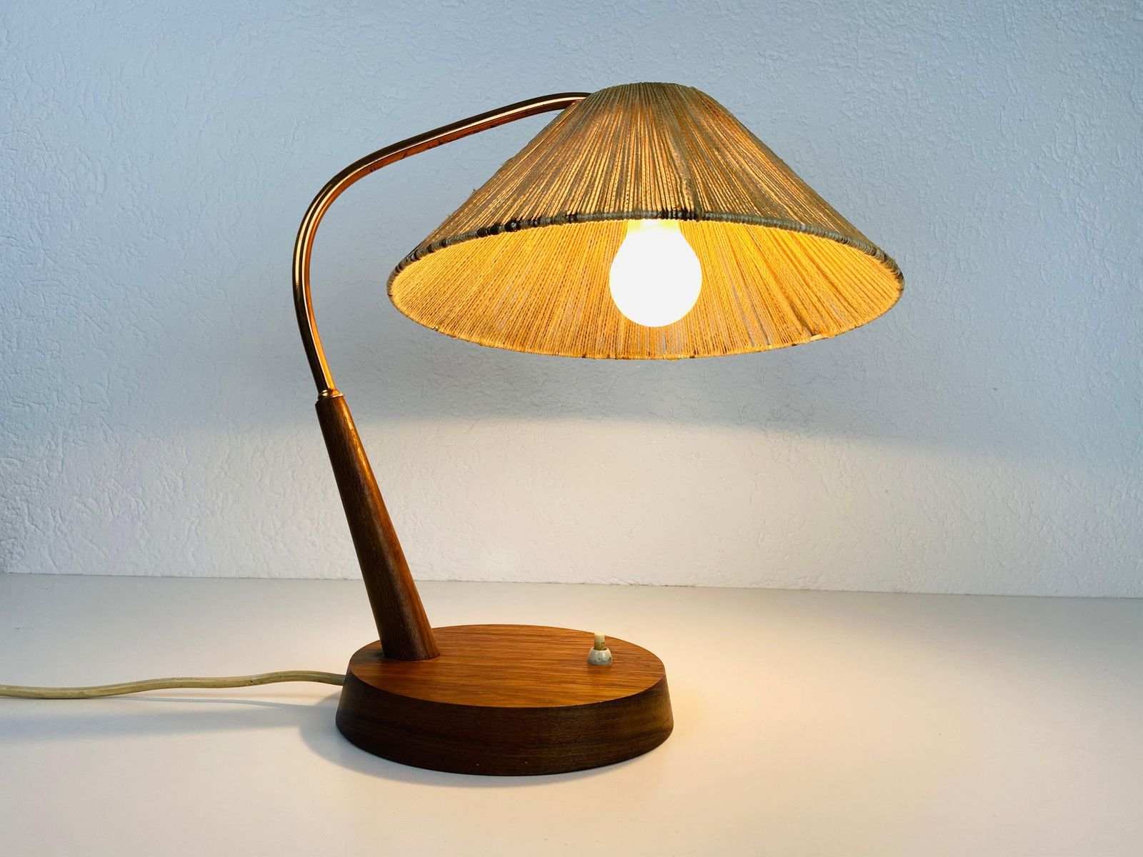 photo for sale Midcentury Teak And Rattan Table Lamp By Temde, Circa 1970
