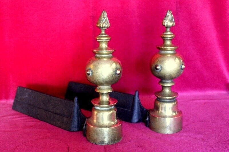 Pair Of Italian Antique Cast Iron And Brass Fireplace Andirons Fire Dogs 19th C photo for sale
