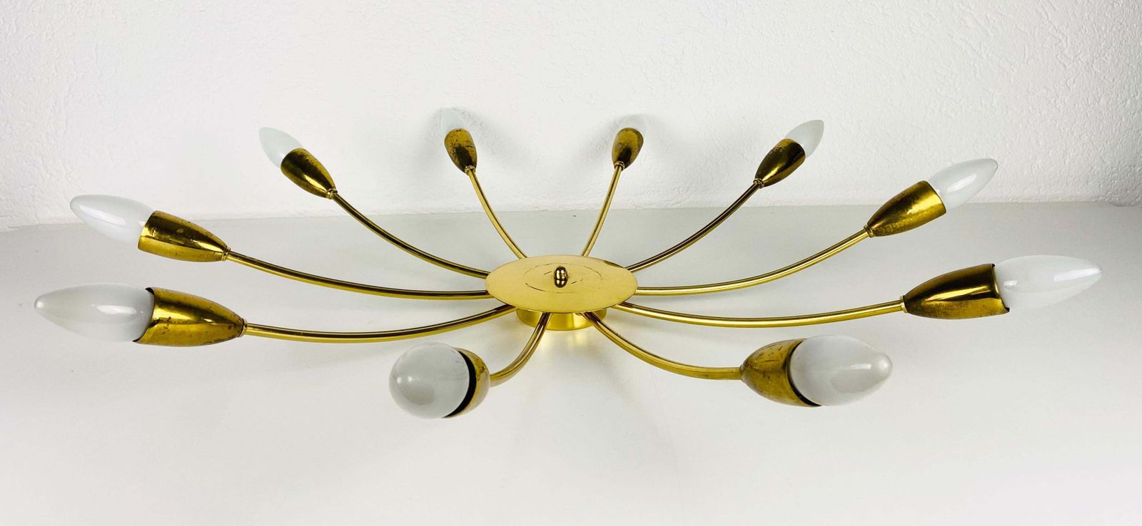 Large Midcentury Brass 10 Arm Sputnik Chandelier, 1950s photo for sale