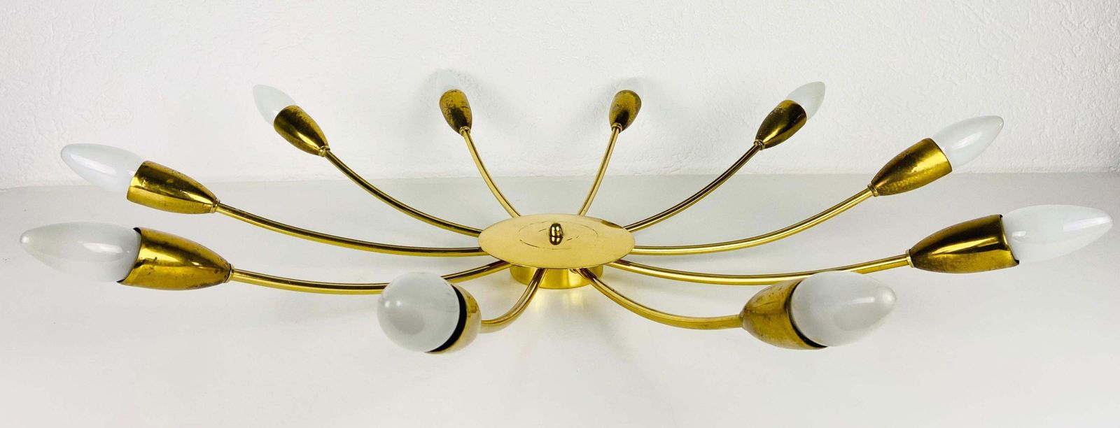 Large Midcentury Brass 10 Arm Sputnik Chandelier, 1950s photo Lighting