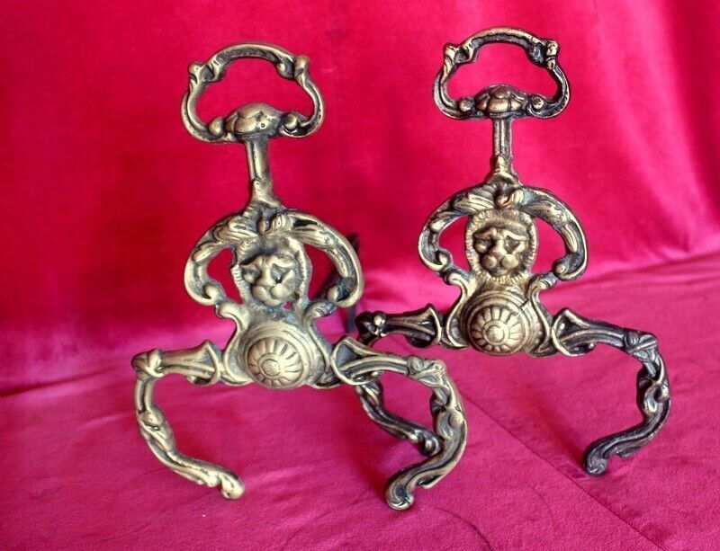 19th C Pair Of Italian Antique Cast Iron And Brass Fireplace Andirons Fire Dogs photo for sale