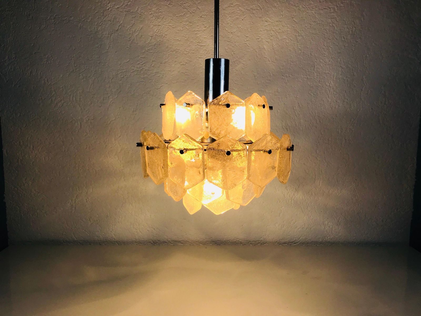 Four Tiered Kalmar Midcentury Ice Glass Chandelier, Circa 1960s photo furniture