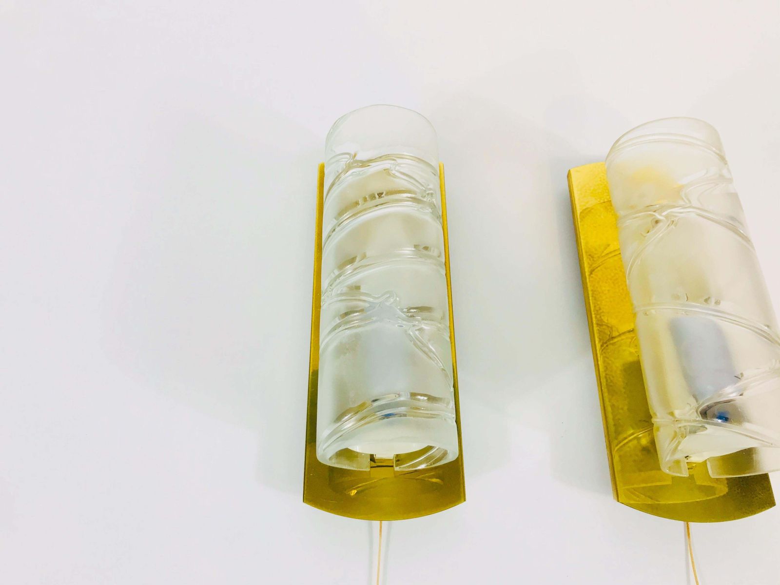 Midcentury Pair Of Brass And Glass Wall Lamps By Doria, 1960s photo for sale