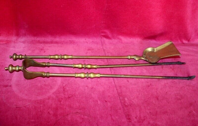 19th C Pair Of Italian Antique Brass Fireplace Companions Golden Solid Brass