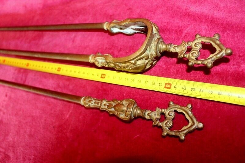 19th C Pair Of Italian Embossed Antique Brass Companions Golden Solid Brass photo buy