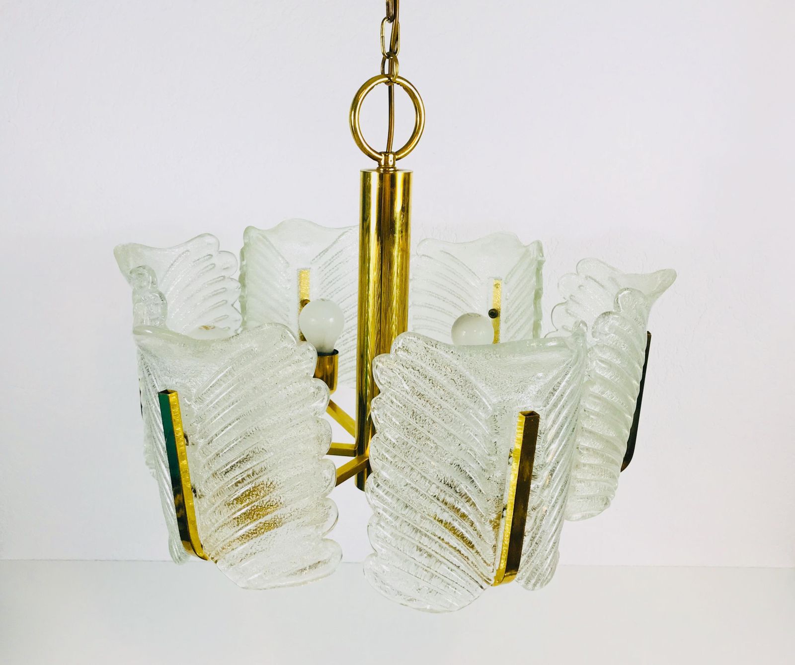 Large Rare Midcentury 6 Arm Brass And Ice Glass Chandelier, 1960s photo vinterior