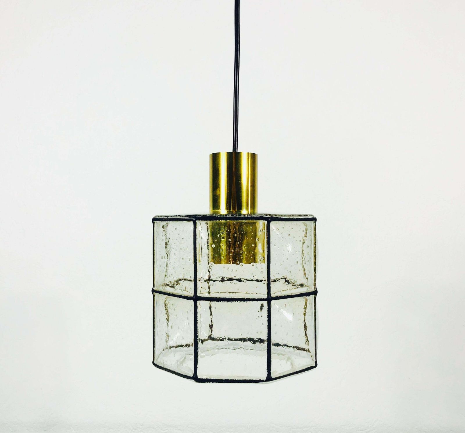 Midcentury Iron And Bubble Glass Pendant Lamp By Glashütte Limburg, 1960s photo for sale