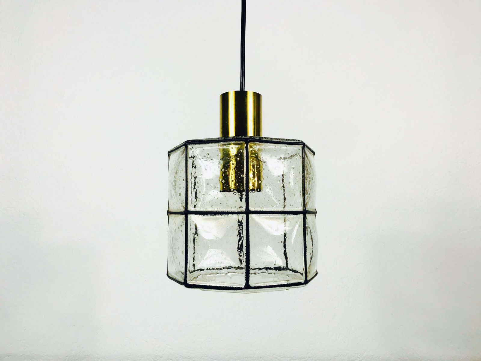 photo for sale Midcentury Iron And Bubble Glass Pendant Lamp By Glashütte Limburg, 1960s