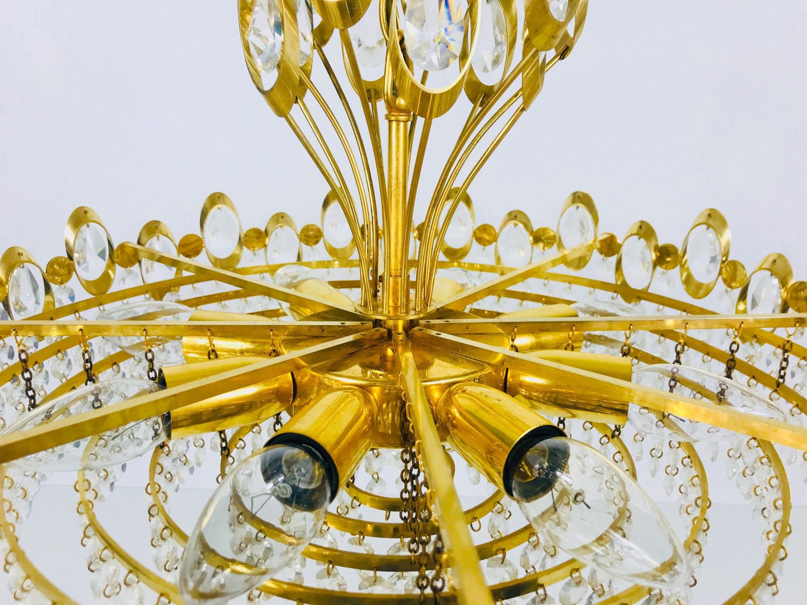 Golden Gilded Brass And Crystal Glass Chandelier By Palwa, Germany, 1960s photo vinterior