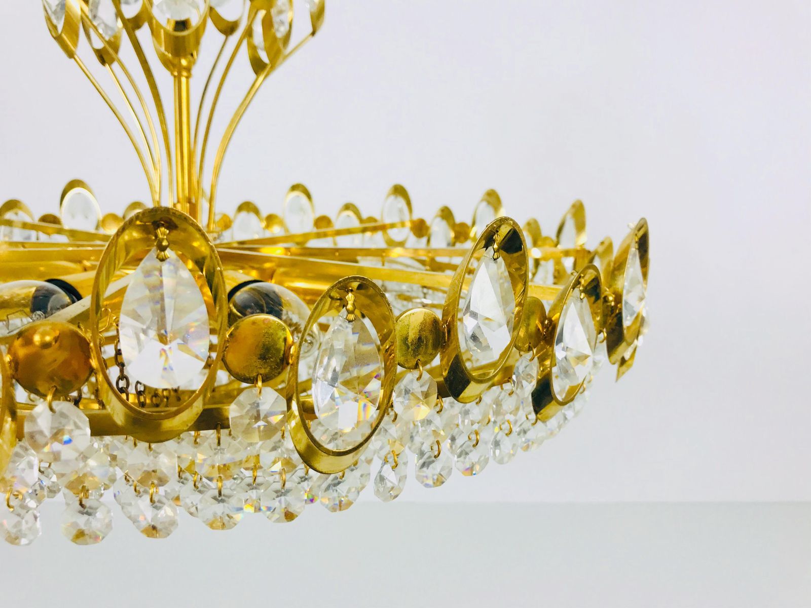 photo for sale Golden Gilded Brass And Crystal Glass Chandelier By Palwa, Germany, 1960s