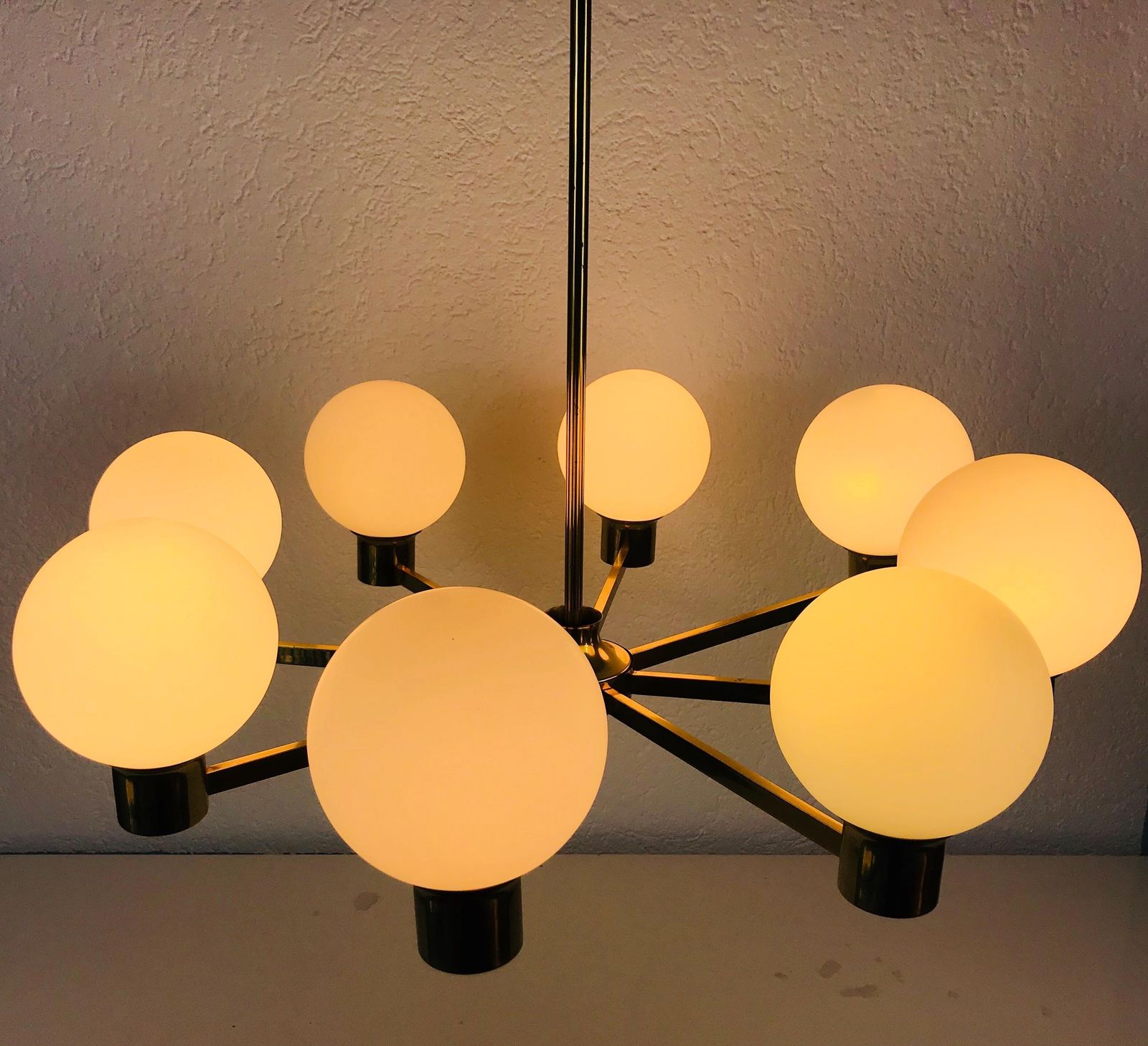 Rare Midcentury 8 Arm Brass And Opaline Glass Chandelier, 1960s photo furniture