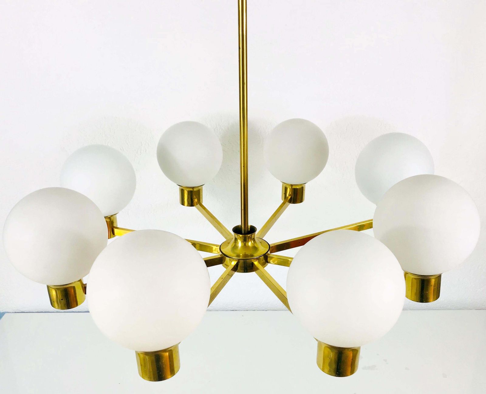 Rare Midcentury 8 Arm Brass And Opaline Glass Chandelier, 1960s photo for sale