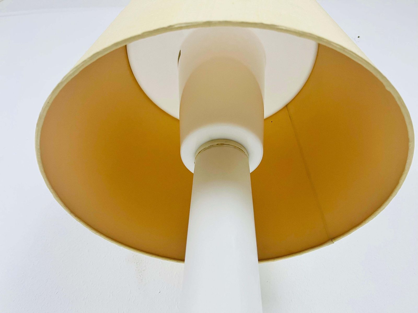 Mid Century White Glass And Fabric Shade Table Lamp By Luxus Sweden, 1960s photo vinterior