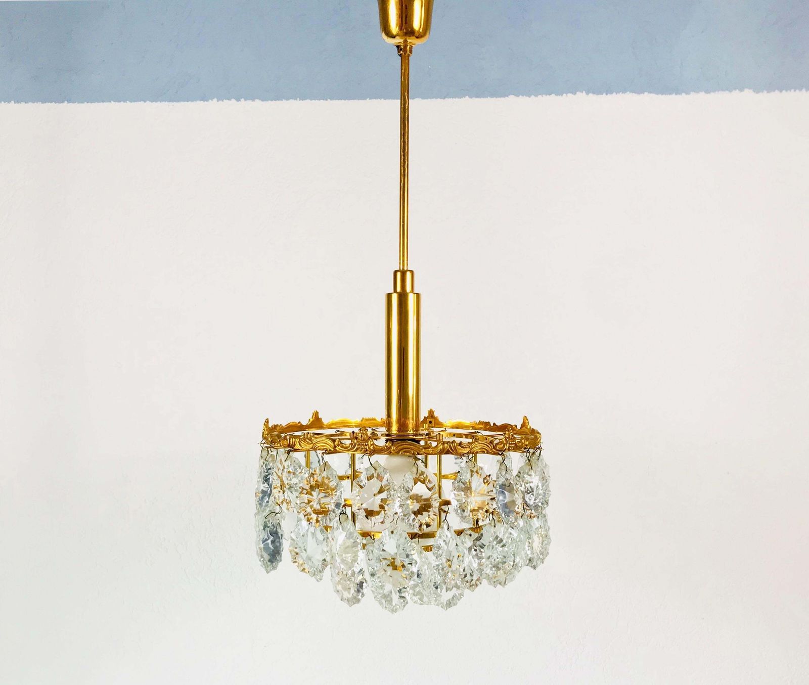 Gilt Brass And Crystal Glass 4 Tier Chandelier By Palwa, Germany, 1970s photo for sale