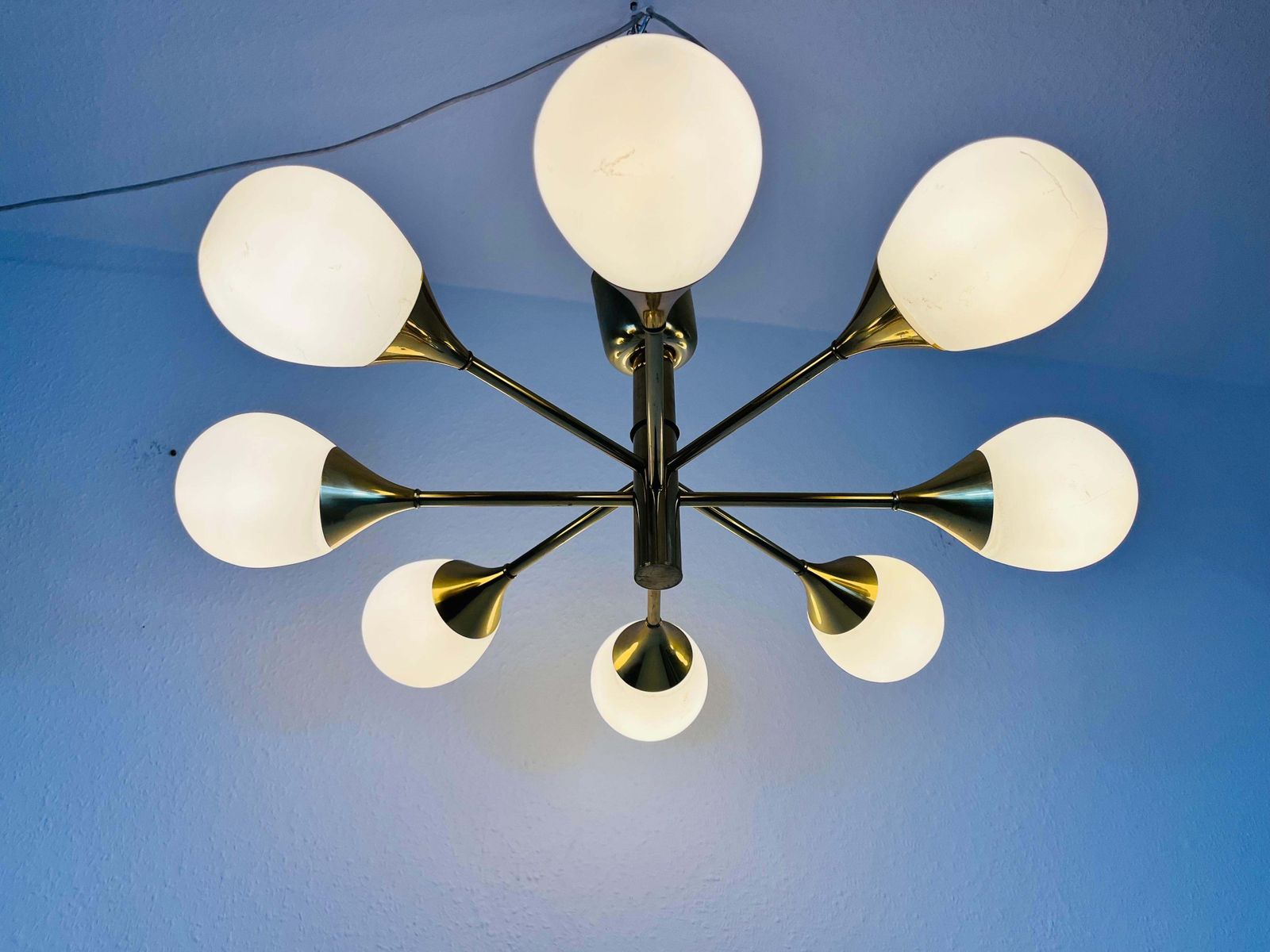 photo furniture Exceptional Mid Century Modern Brass Kaiser 6 Arm Space Age Chandelier, 1960s