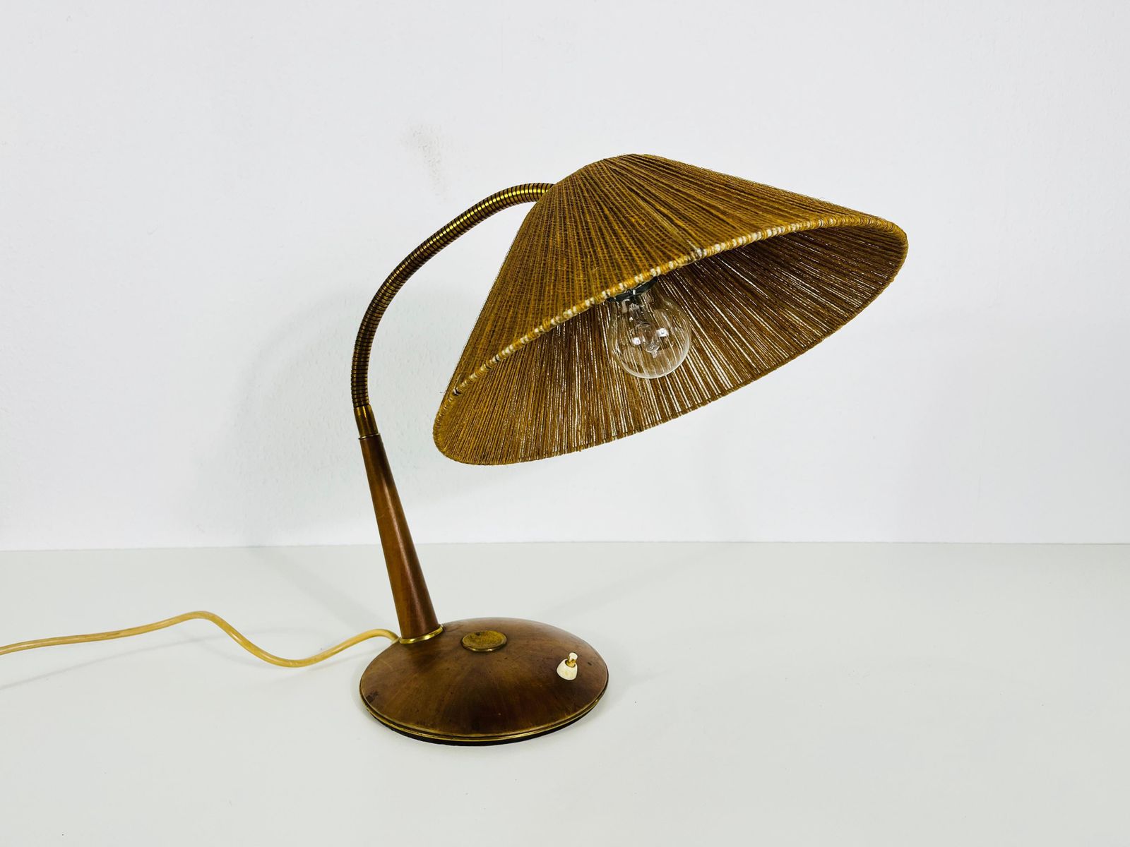 Midcentury Teak And Rattan Table Lamp By Temde, Circa 1970 photo for sale
