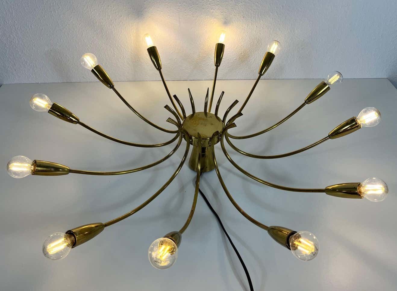 Lighting 1 Of 2 Brass 12 Arm Sputnik Chandelier Arredoluce Attributed, 1950s photo