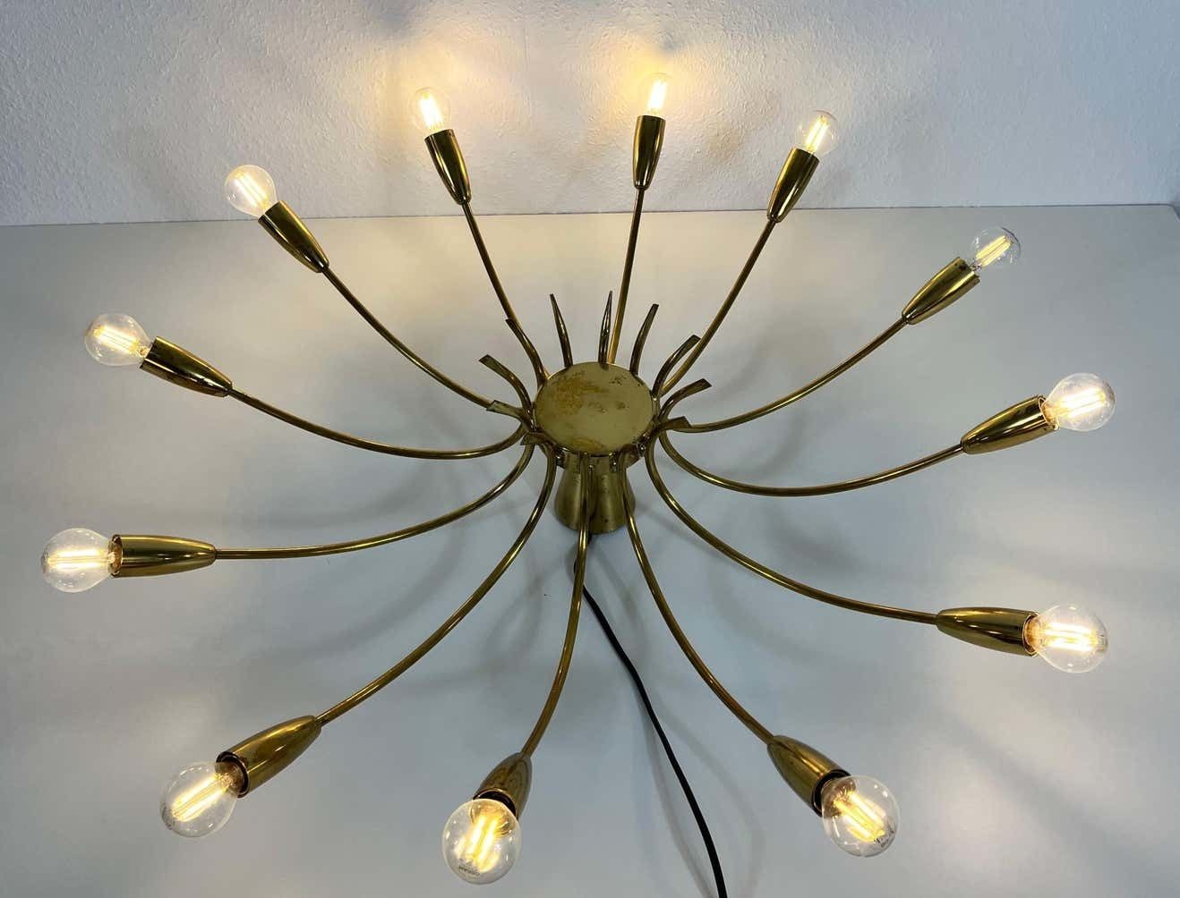 1842.0 1 Of 2 Brass 12 Arm Sputnik Chandelier Arredoluce Attributed, 1950s photo