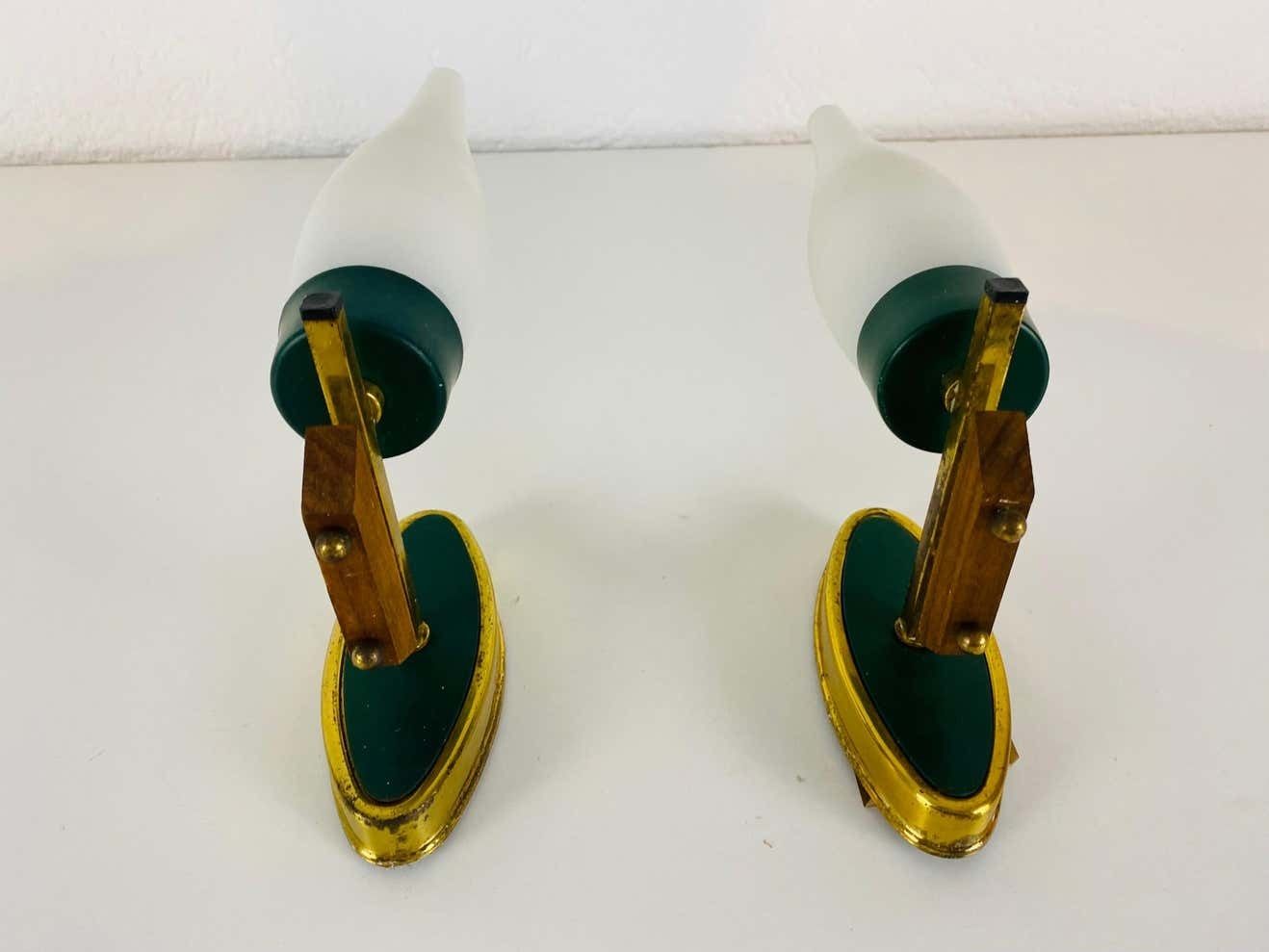 Pair Of Midcentury Brass And Opaline Glass Wall Lamps, Italy, 1960s photo vinterior