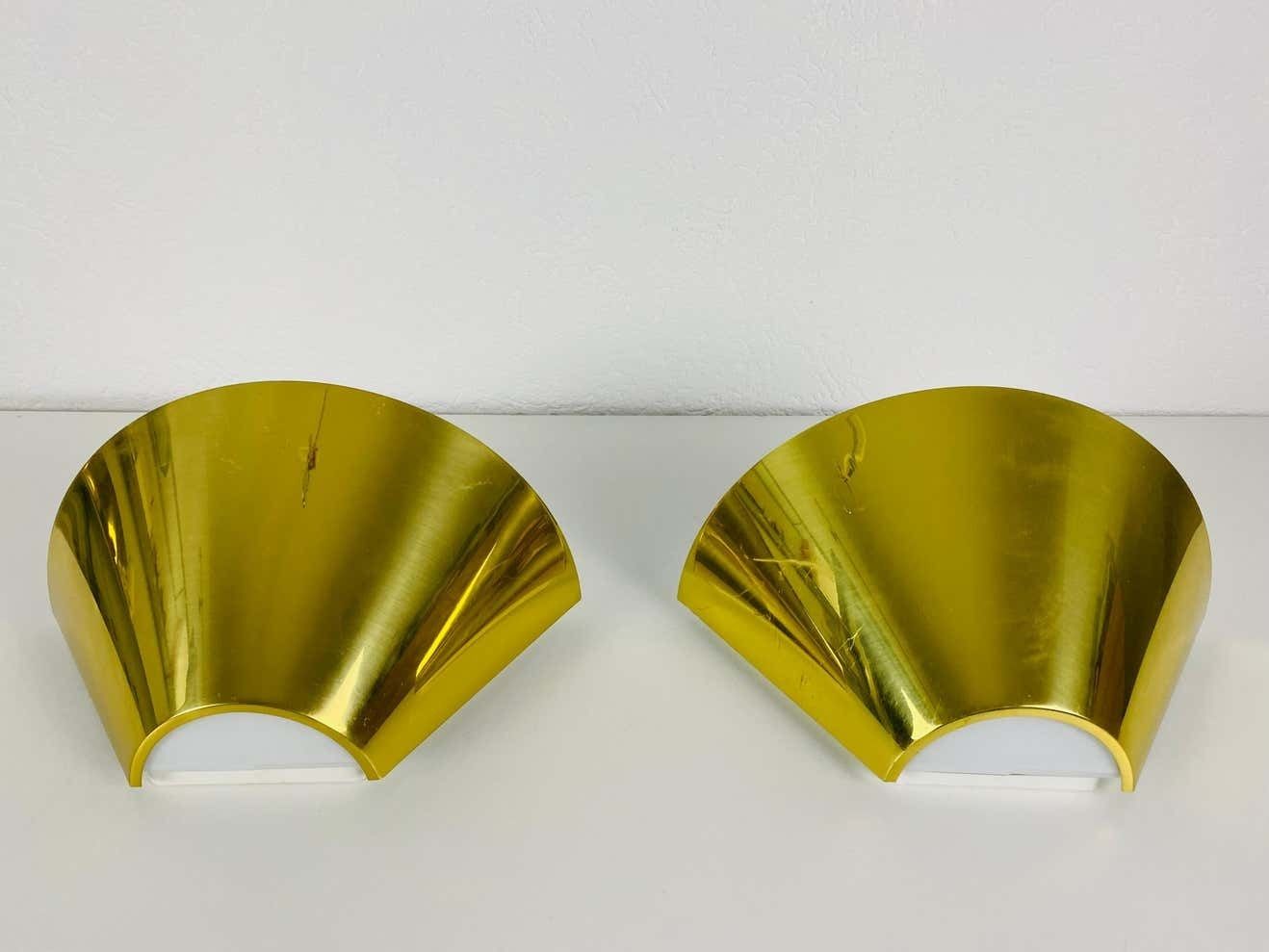 Pair Of Modernist Brass And Opaline Glass Wall Lamps By Limburg, Germany, 1980s photo furniture