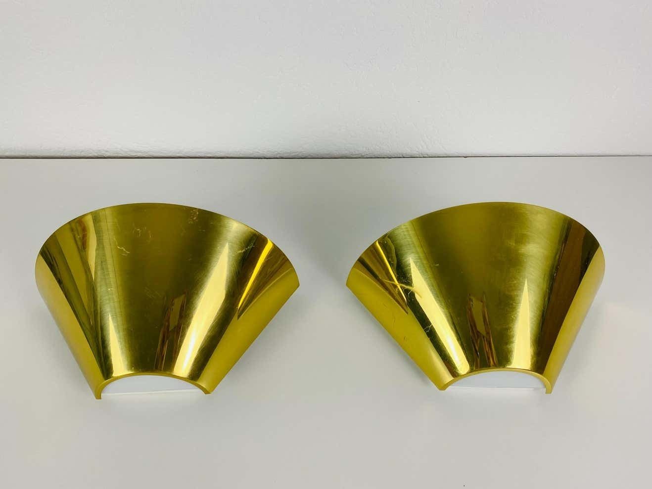 Pair Of Modernist Brass And Opaline Glass Wall Lamps By Limburg, Germany, 1980s photo vinterior