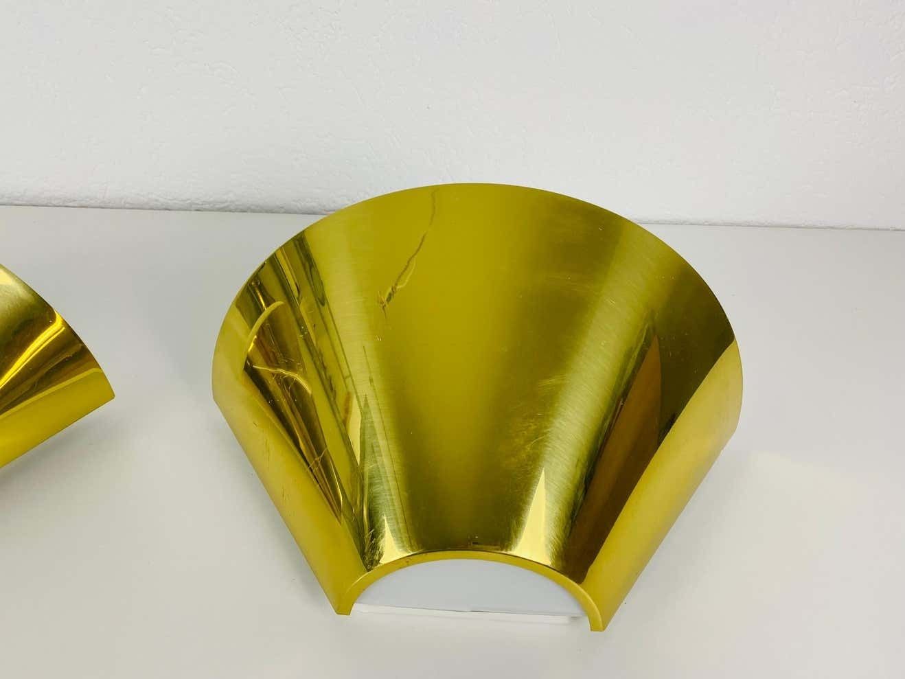 photo furniture Pair Of Modernist Brass And Opaline Glass Wall Lamps By Limburg, Germany, 1980s