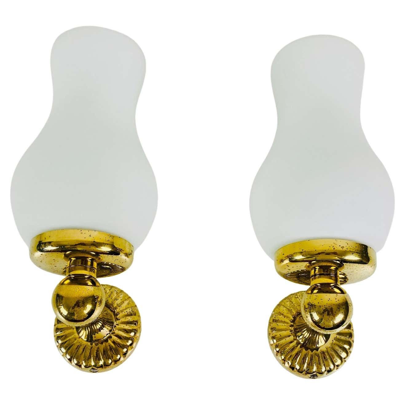Pair Of Midcentury Brass And Opaline Glass Wall Lamps, Italy, 1960s