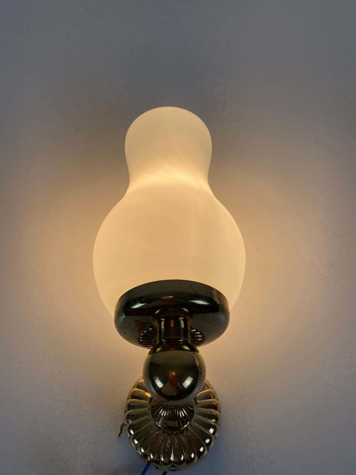 photo for sale Pair Of Midcentury Brass And Opaline Glass Wall Lamps, Italy, 1960s
