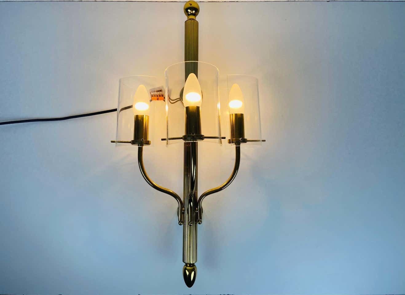 Lighting Huge Pair Of Mid Century Modern Brass And Perspex Cinema Wall Lamps, 1950s photo
