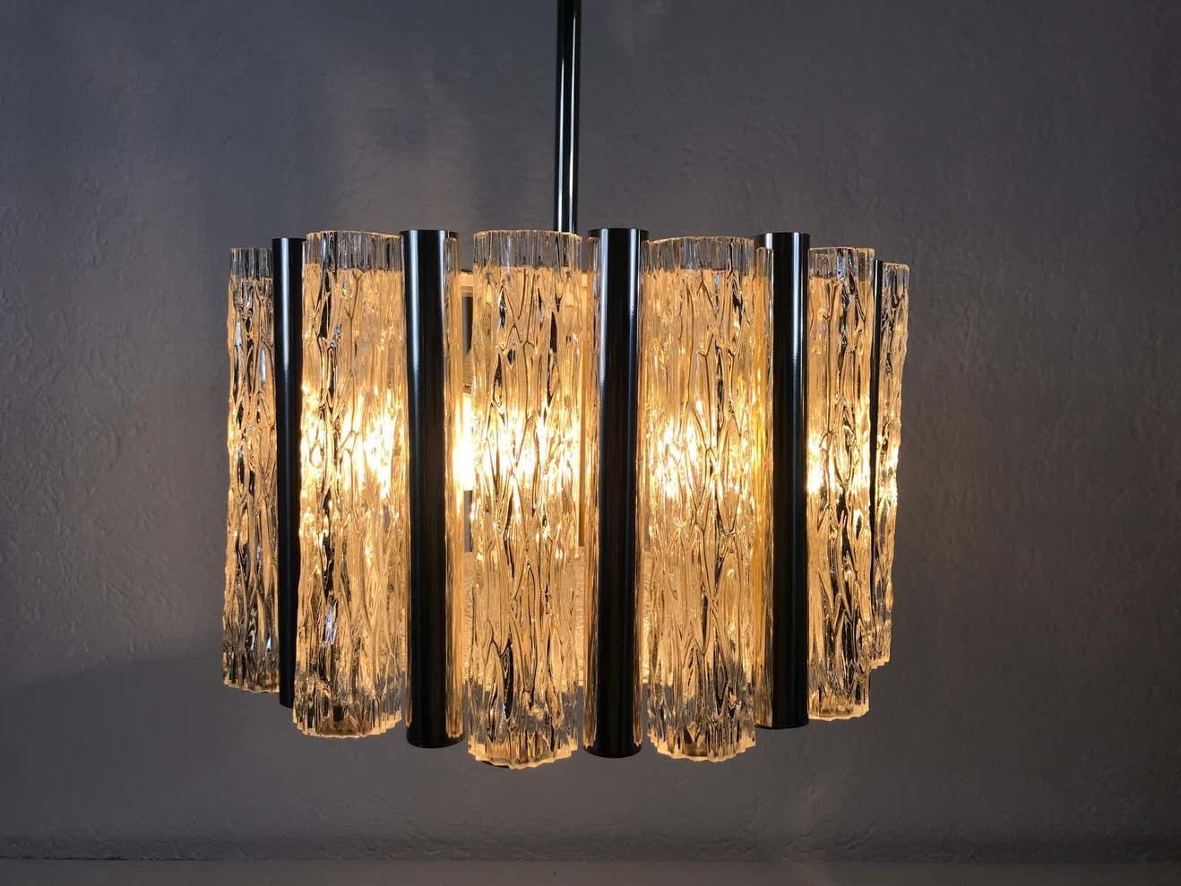 Rare Kaiser Leuchten Midcentury Crystal Ice Glass Circular Chandelier, 1960s photo for sale