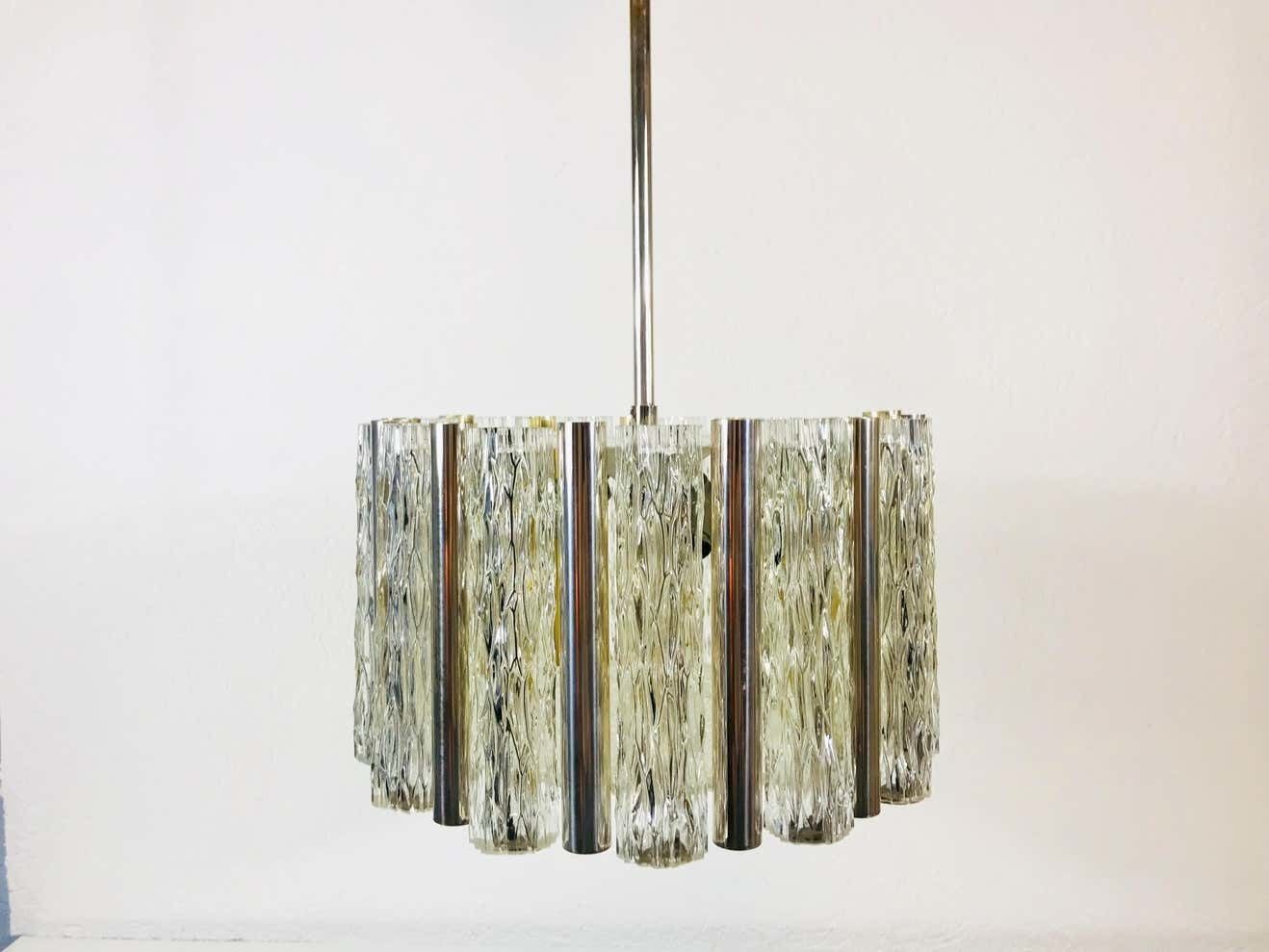 Rare Kaiser Leuchten Midcentury Crystal Ice Glass Circular Chandelier, 1960s photo Lighting
