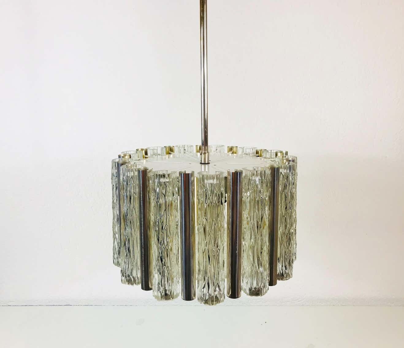 photo furniture Rare Kaiser Leuchten Midcentury Crystal Ice Glass Circular Chandelier, 1960s