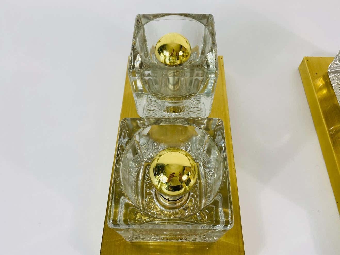 Pair Of Brass And Frosted Ice Glass Cube Flush Mounts By Peill & Putzler, 1970s photo Lighting