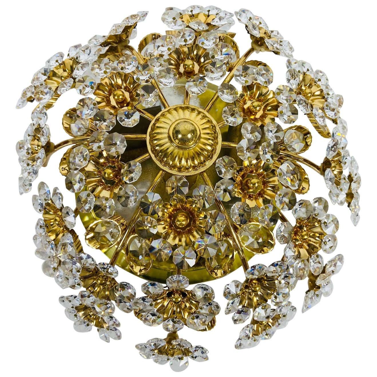 Gilt Brass And Crystal Glass Flush Mount By Palwa, Germany, 1970s