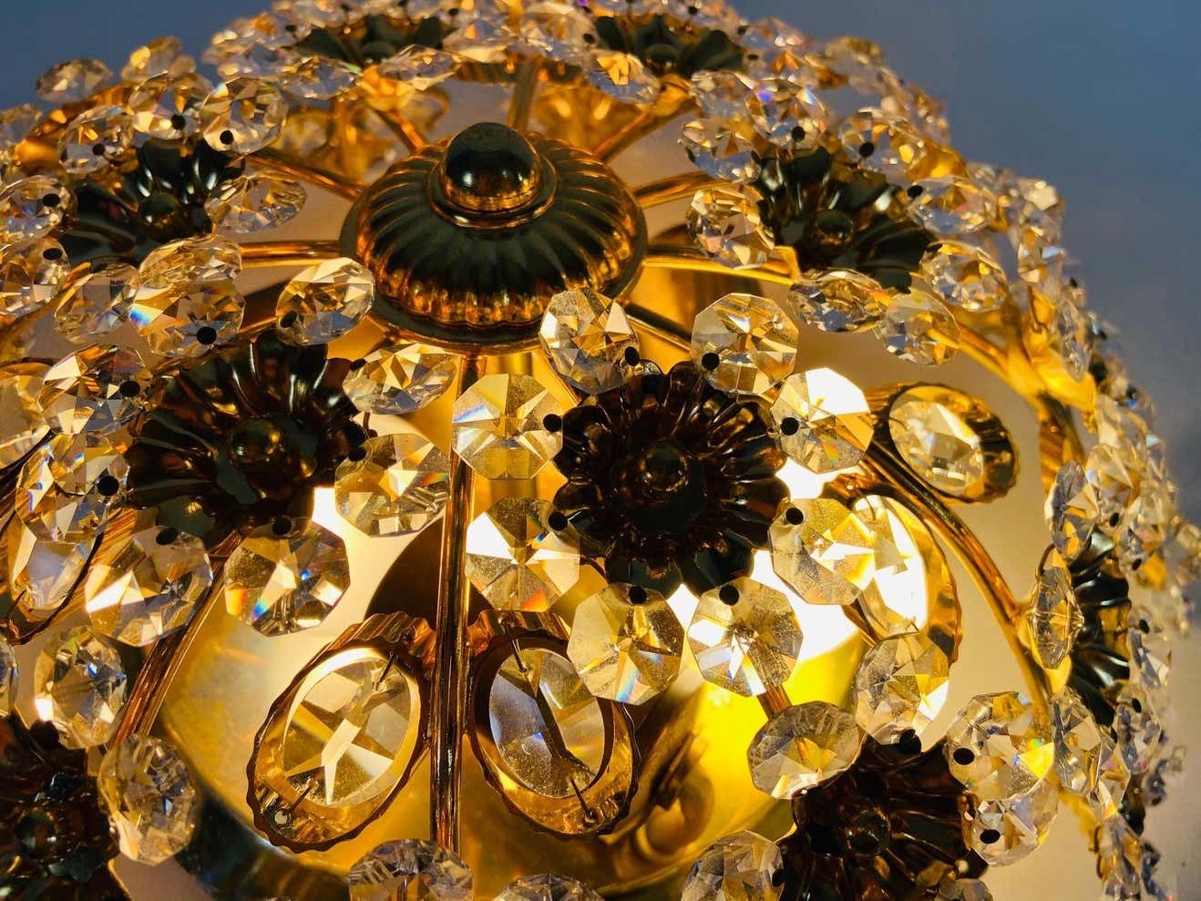 Gilt Brass And Crystal Glass Flush Mount By Palwa, Germany, 1970s photo 1566.0