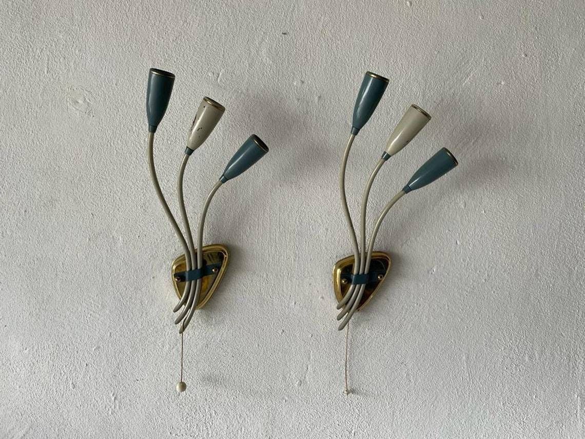 3 Head Blue And White Metal Pair Of Sputnik Sconces, 1950s, Germany photo for sale