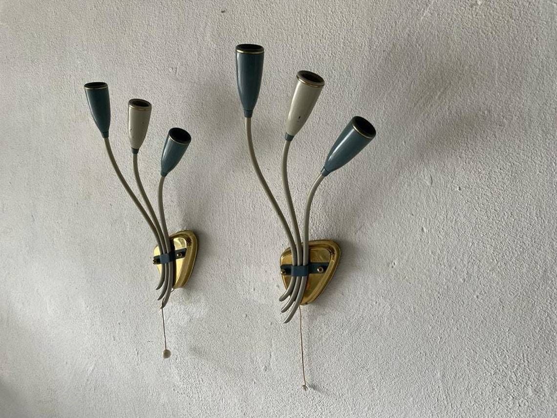 photo for sale 3 Head Blue And White Metal Pair Of Sputnik Sconces, 1950s, Germany