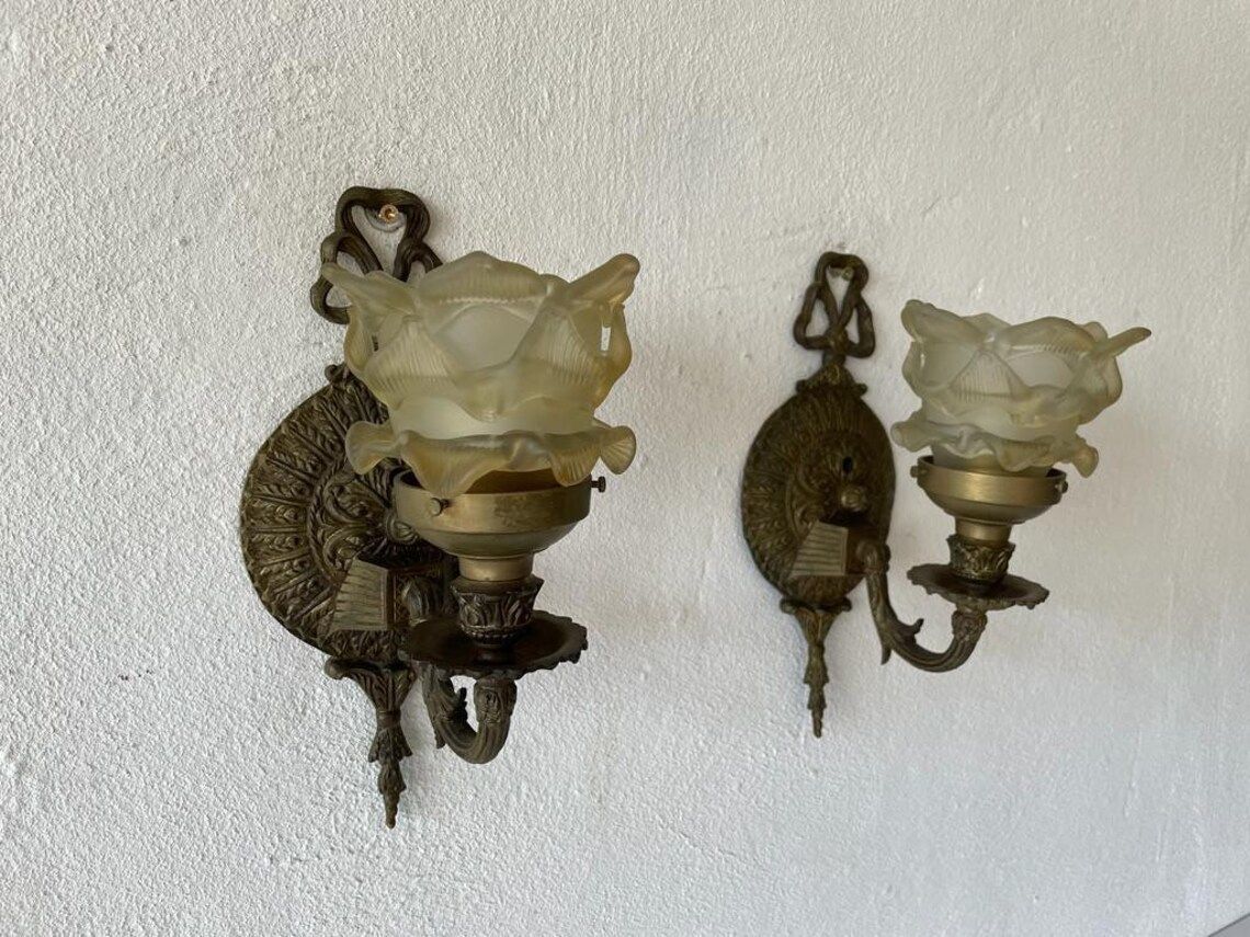 Unique French Flower Shaped Smoke Glass & Brass Pair Of Sconces, 1940s, France photo furniture