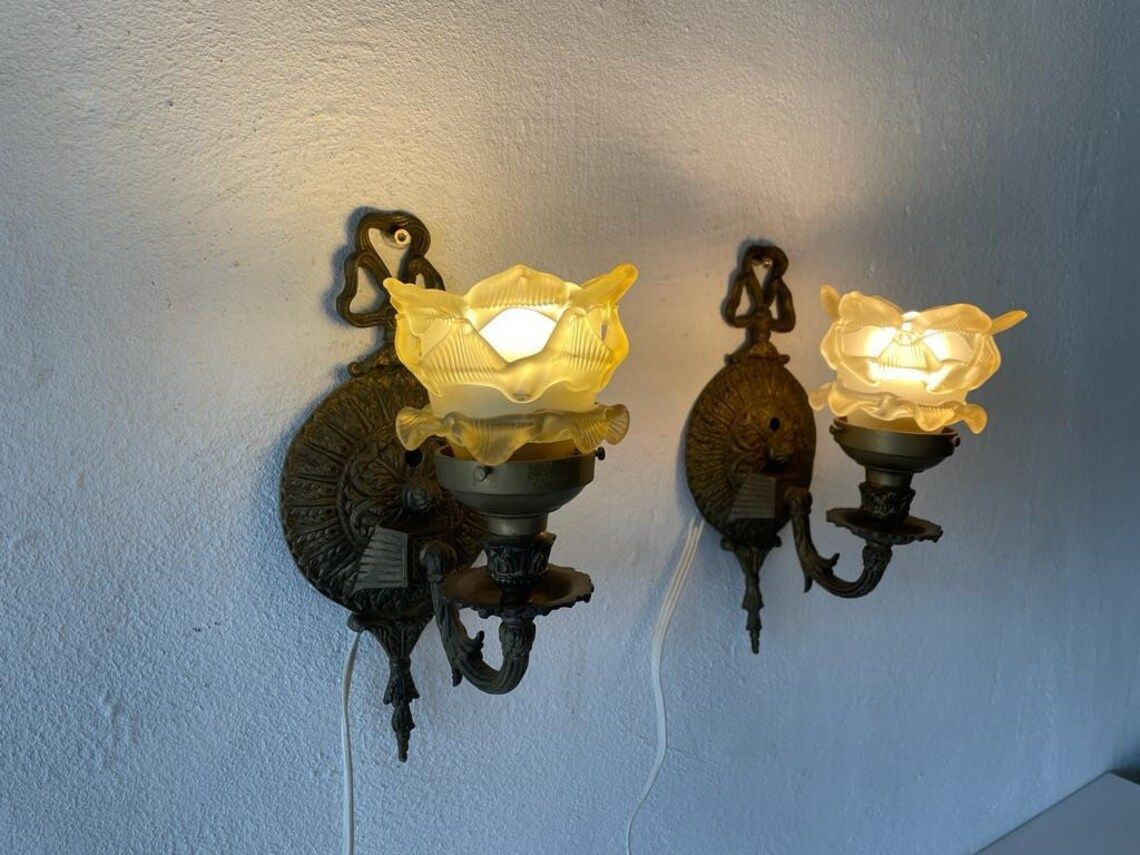Unique French Flower Shaped Smoke Glass & Brass Pair Of Sconces, 1940s, France photo for sale