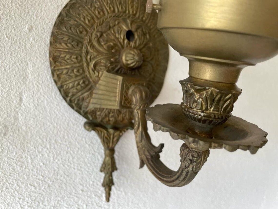 Unique French Flower Shaped Smoke Glass & Brass Pair Of Sconces, 1940s, France photo vintage