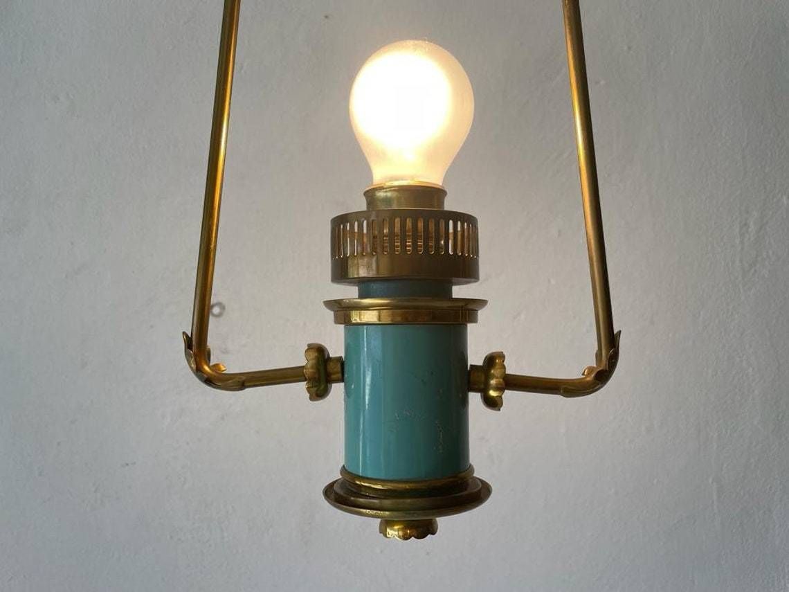 Italian Exceptional Brass & Turquois Green Pendant Lamp, In Style Of Stilnovo, 1950s, Italy photo vinterior