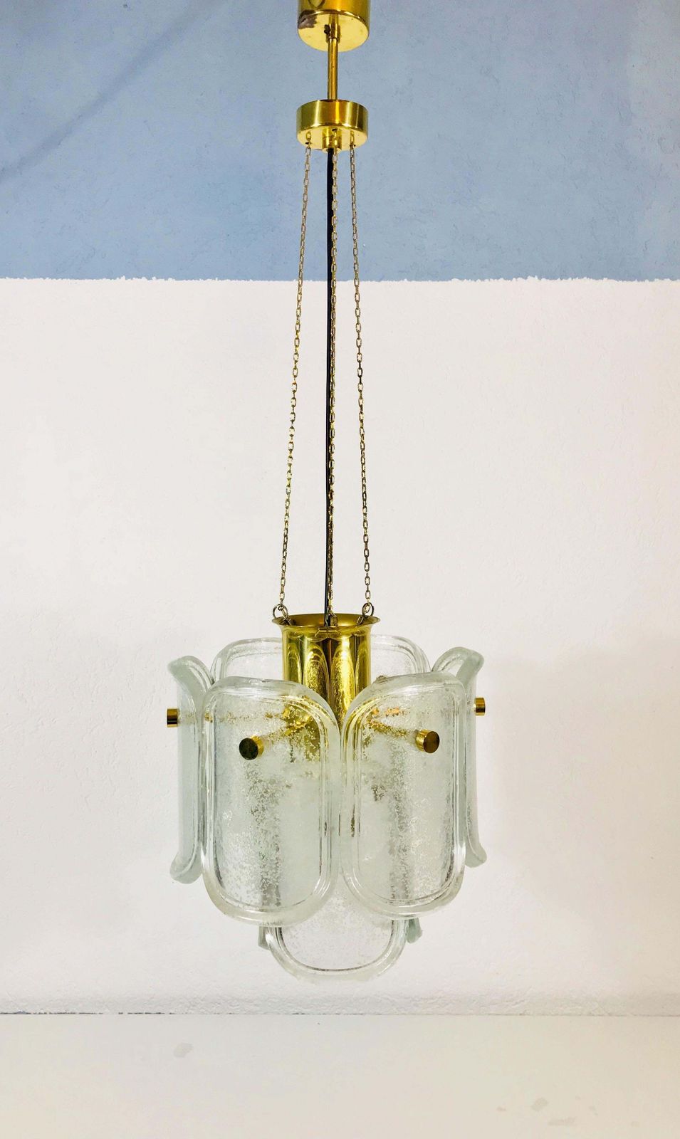 Extra Large Limburg Midcentury Two Tier Brass And Ice Glass Chandelier photo vinterior