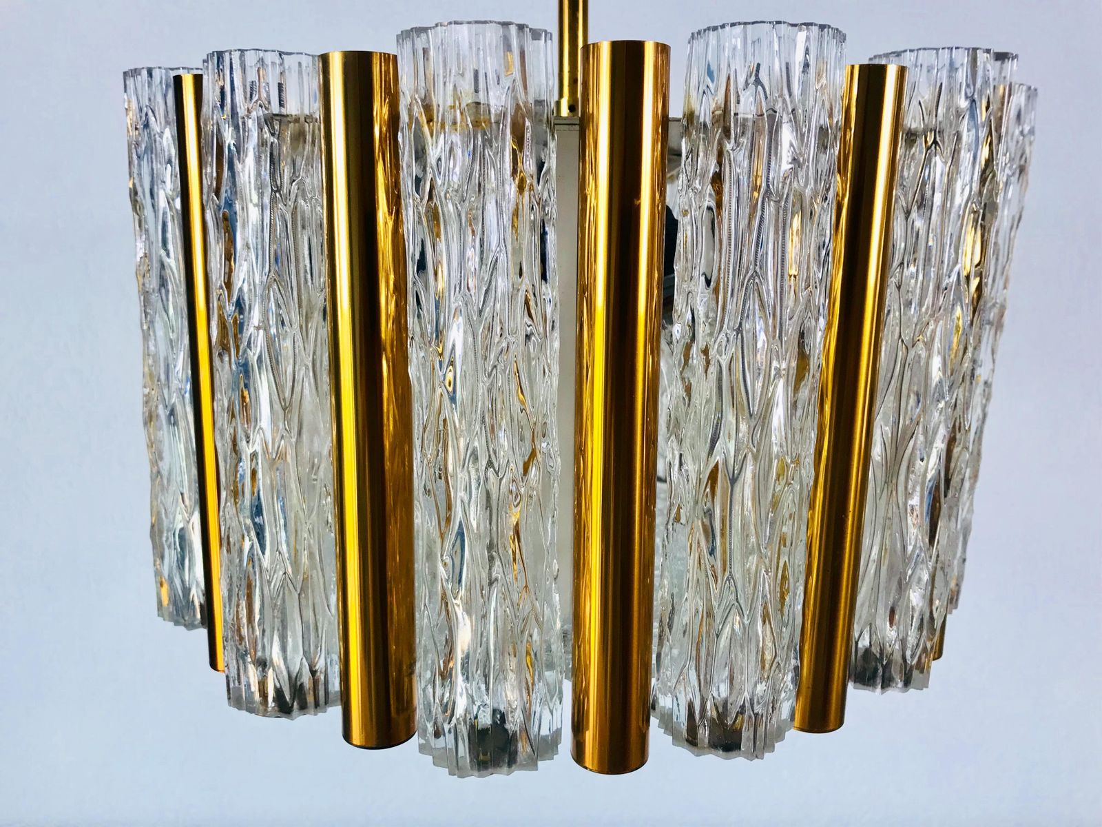 Lighting Rare Kaiser Leuchten Midcentury Crystal Ice Glass Circular Chandelier 1960s photo