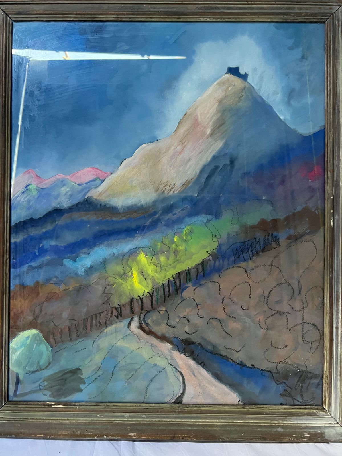 An Interesting Framed Oil Of A Castle/Monastery Behind Glass Un Signed