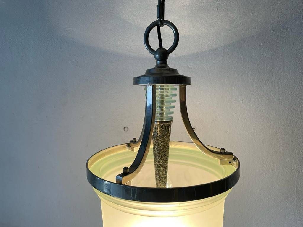Exceptional Green Glass And Marble Art Deco Chrome Body Ceiling Lamp, 1940s, Italy photo vinterior