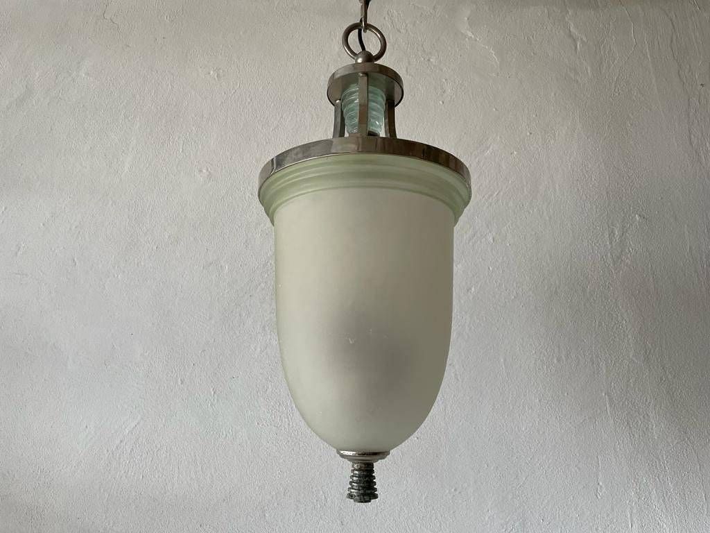 photo for sale Exceptional Green Glass And Marble Art Deco Chrome Body Ceiling Lamp, 1940s, Italy