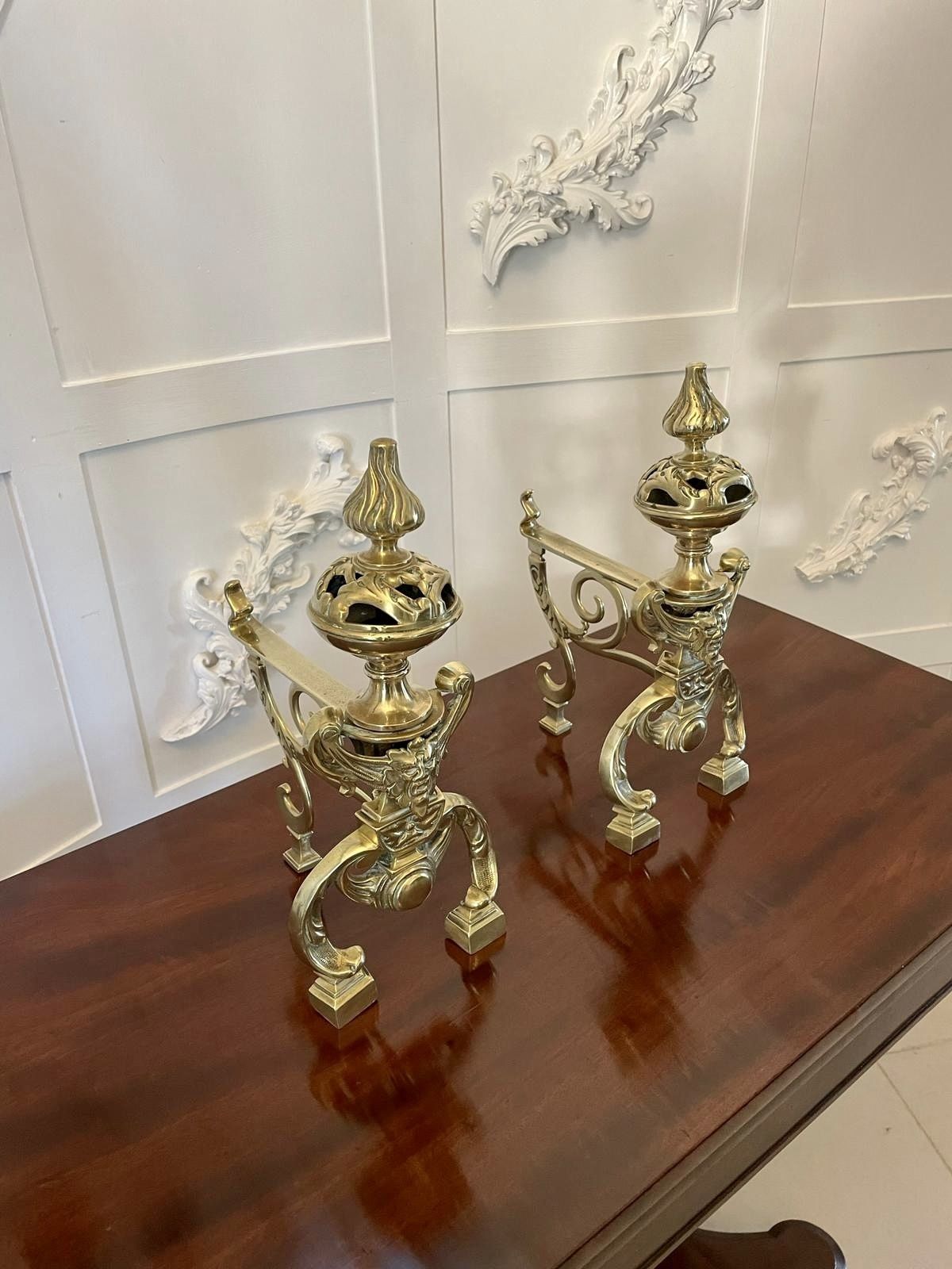 Fine Quality Pair Of Antique 19th Century Ornate Brass Fire Dogs photo for sale