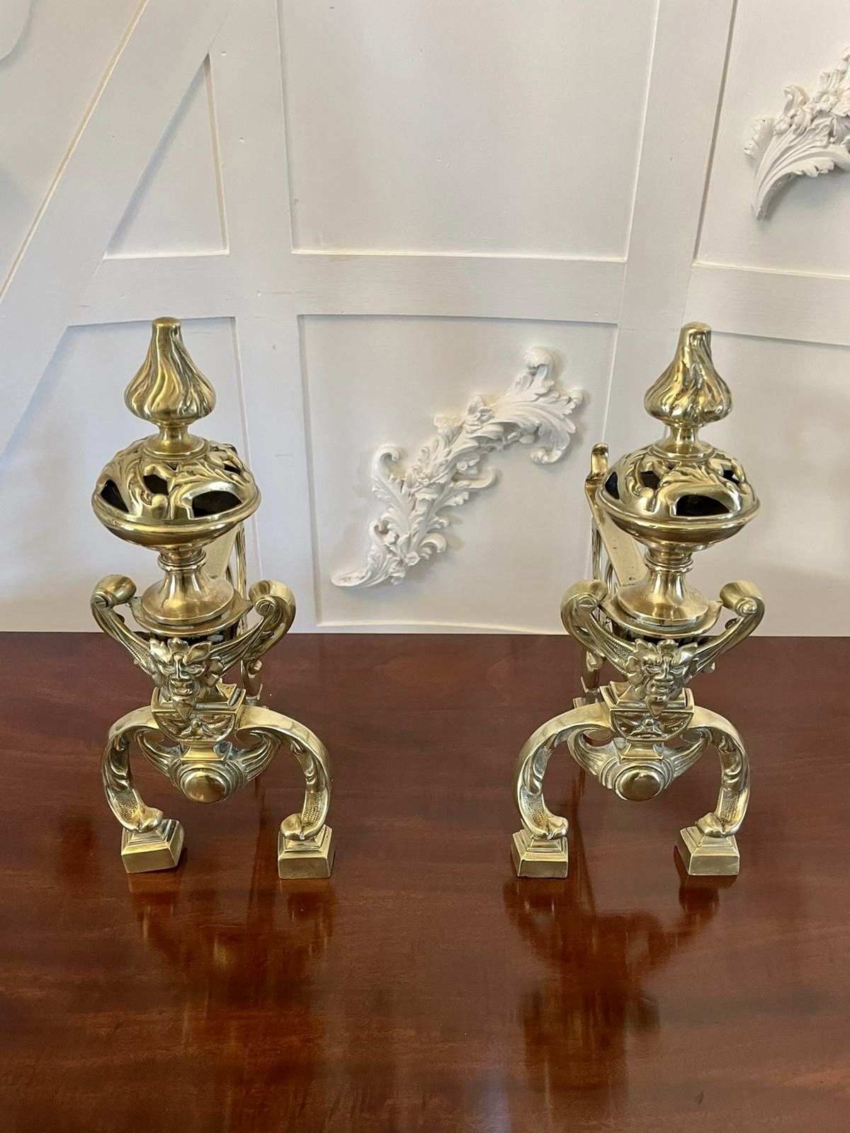 Fine Quality Pair Of Antique 19th Century Ornate Brass Fire Dogs